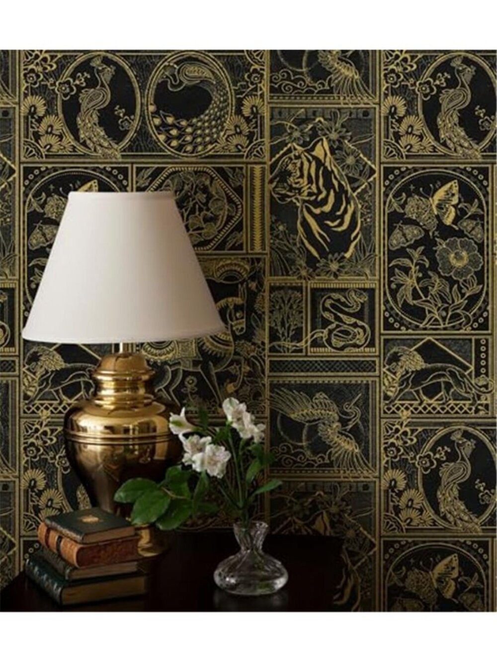 Black Gold Peel Stick Wallpaper Vintage Animal Tiger Peacock Self Adhesive Vinyl